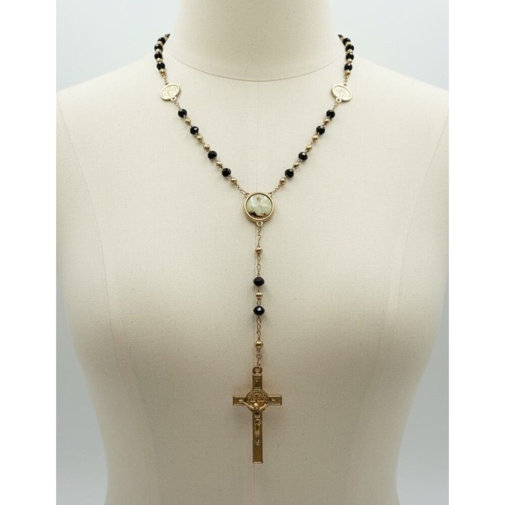 Gold Tone Catholic Rosary Y Necklace Black Crystal Beaded Crucifix Cross Medal